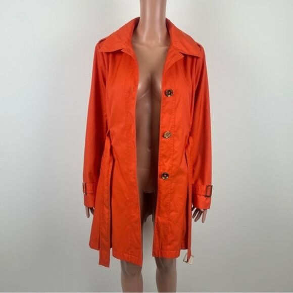 MICHAEL Michael Kors Single Breasted Pleated Trench Coat Rain Orange Size Medium - Picture 4 of 15